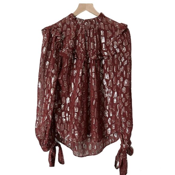 Veronica Beard Brooks Blouse in Red Silk Silver Metallic Size 4 - Picture 3 of 7